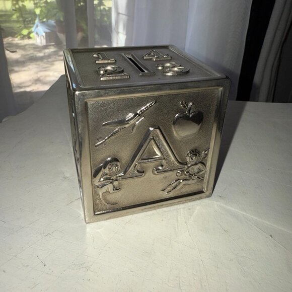VTG Leonard Silver Plated ABCD Child's COINS Piggy Bank 3" SQUARE Hong Kong - Picture 1 of 11